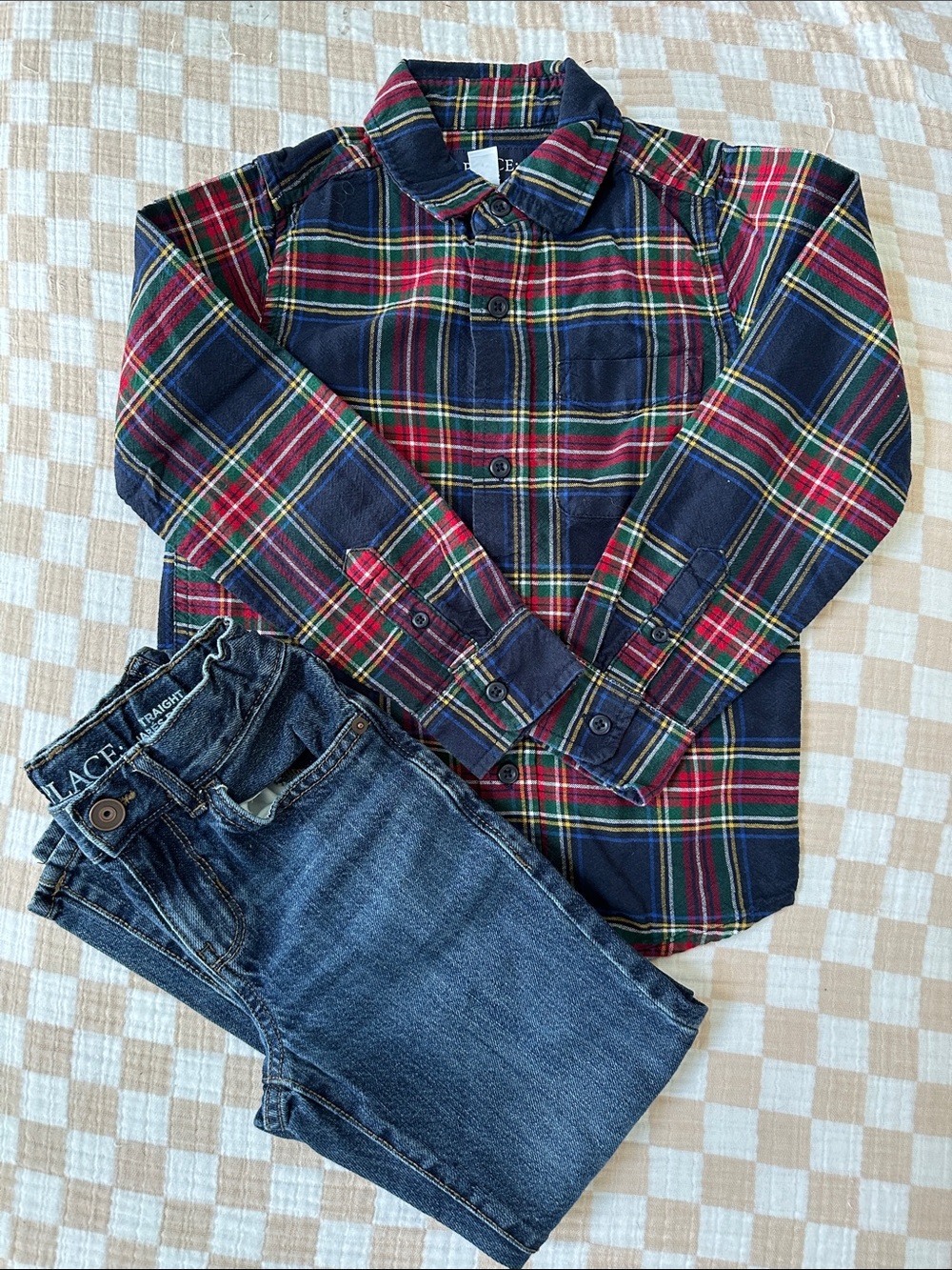 Place Pair of Boys Straight Denim Jeans And Plaid Button Down Shirt in Size 6